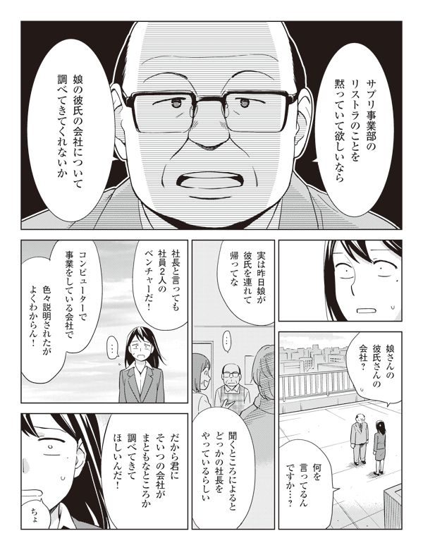 岡部「サプリ事業部のリストラのことを黙っていて欲しいなら
娘の彼氏の会社について調べてきてくれないか」
瞳「娘さんの彼氏さんの会社？」
「何を言ってるんですか…？」
岡部「実は昨日娘が彼氏を連れて帰ってな」
「聞くところによるとどっかの社長をやっているらしい」
「社長と言っても社員2人のベンチャーだ！」
コンピューターで事業をしている会社で色々説明されたがよくわからん！」
「だから君にそいつの会社がまともなところか調べてきてほしいんだ！」
瞳「ちょ」