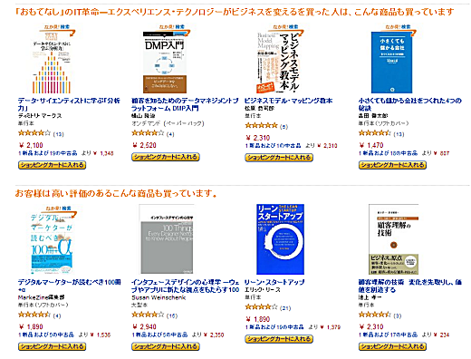 Amazonのレコメンド表示。自分や他のユーザーの購入情報に基づいておすすめを提示する。