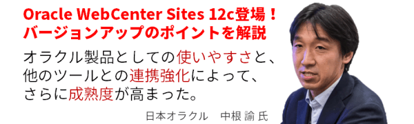 Oracle WebCenter Sites 12c登場！
バージョンアップのポイントを解説
オラクル製品としての使いやすさと、他のツールとの連携強化によって、さらに成熟度が高まった。