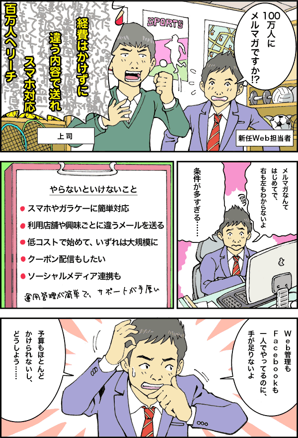 
新任Web担当者「100万人にメルマガですか!?」
上司「そうだ、今の時代ネットに力を入れていかないとな！　首都圏32店舗の客にメルマガを使って販促だ！　経費はかけられない！　普段利用する店舗や興味のあるスポーツごとにそれぞれ違う内容を送るんだ！　人員もとりあえずはお前一人でやってくれ！　もちろんスマホにも対応しろよ。いずれは百万人規模の購読者を目指す一大プロジェクトだ！」
新任Web担当者「メルマガなんてはじめてで、右も左もわからないよ。条件が多すぎる……」
やらないといけないこと／スマホやガラケーに簡単対応／利用店舗や興味ごとに違うメールを送る／低コストで初めて、いずれは大規模に／クーポン配信もしたい／ソーシャルメディア連携も／運用管理が簡単で、サポートが手厚い
新任Web担当者「Web管理もFacebookも一人でやってるのに、手が足りないよ　予算もほとんどかけられないし、どうしよう……」
