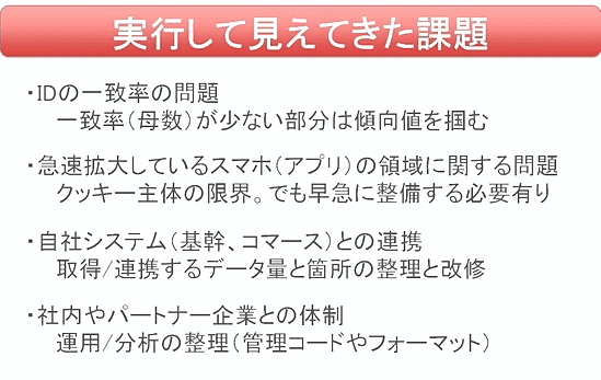 実行して見えてきた課題／IDの一致率の問題／一致率（母数）が少ない部分は傾向値を掴む／急速拡大しているスマホ（アプリ）の領域に関する問題／クッキー主体の限界。でも早急に整備する必要有り／自社システム（基幹、コマース）との連携／取得／連携するデータ量と箇所の整理と改修／社内やパートナー企業との体制／運用／分析の整理（管理コードやフォーマット）