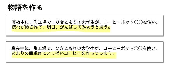 物語を作る
真夜中に、町工場で、ひきこもりの大学生が、コーヒーポット○○を使い、疲れが癒されて、明日、がんばってみようと思う。
真夜中に、町工場で、ひきこもりの大学生が、コーヒーポット○○を使い、あまりの簡単さにいっぱいコーヒーを作ってしまう。