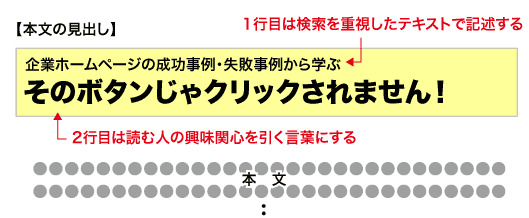 1行目は検索を重視したテキストで記述する
企業ホームページの成功事例・失敗事例から学ぶ
そのボタンじゃクリックされません！
2行目は読む人の興味関心を引く言葉にする