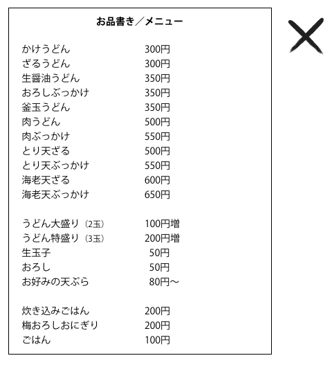 讃岐うどん店のメニューを例に。お品書き／メニュー（改善前）