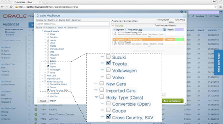 Oracle DMPの管理画面。自動車なら車種別まで細分化したターゲティングができる。