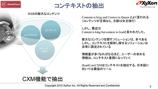 コンテキストの抽出 WEBの膨大なコンテンツ コンテキスト コンテンツ イメージ、PDF CXM機能で抽出 Contents is king and Context is Queen とよく言われる（コンテンツが王様なら、文脈は女王様だ）。 しかし、最近はContent is king but context is Godと言われだした。膨大なコンテンツを探すソリューションは、多々ある。しかし、コンテキストを解析し探せるソリューションは非常に限定されている。情報量が多くなればなるほど、ユーザーの求める情報は、コンテキスト重視になっていく。HeartCoreCXMはコンテキストを抽出する、日本語に於いては最強のツール。