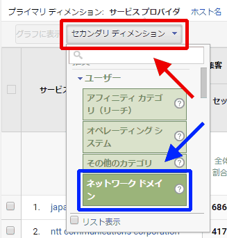 図3：セカンダリ ディメンションに「ネットワーク ドメイン」を指定