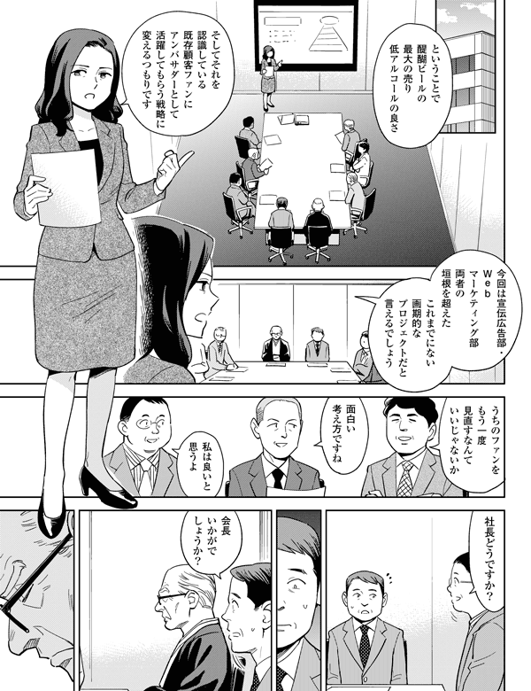 これまでにない画期的なプロジェクトだと言えるでしょう
今回は宣伝広告部・Ｗｅｂマーケティング部両者の垣根を超えた
ということで醍醐ビールの最大の売り低アルコールの良さ
そしてそれを認識している既存顧客ファンにアンバサダーとして活躍してもらう戦略に変えるつもりです
うちのファンをもう一度見直すなんていいじゃないか
面白い考え方ですね
私は良いと思うよ
社長どうですか？会長いかがでしょうか？