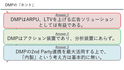 DMPはARPU、LTVを上げる広告ソリューションとしては有益である。
DMPはアクション措置であり、分析装置にあらず。
DMPの2nd Party連携を最大活用する上で、「内政」という考え方は基本的に無い。