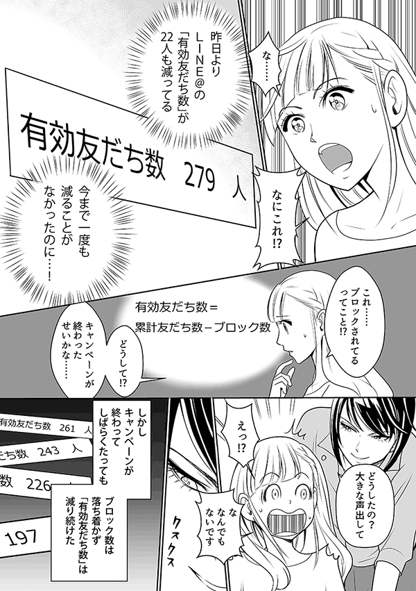 な……
なにこれ!?
昨日よりLINE@の「有効友だち数」が22人も減ってる
今まで一度も減ることがなかったのに…！
これ……ブロックされてるってこと!?
有効友だち数＝累計友だち数－ブロック数
どうして!?
キャンペーンが終わったせいかな……
どうしたの？大きな声出して
えっ!?
な　なんでもないです
しかしキャンペーンが終わってしばらくたっても
ブロック数は落ち着かず「有効友だち数」は減り続けた