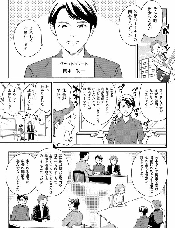 
そんな時
出会ったのが

外部パートナーの
岡本さんでした

よろしく
お願いします

グラフトンノート
岡本　功一

さっそくですが
まず各部門に
ヒアリング
しましょう

広告を
統括するためには
利点を伝え
不安に感じていることを
ひとつひとつ
解消することが
ポイントです

仕事が
早いっ!!

わっ
わかりました

すぐに
準備しますね

よろしく
お願いします！

岡本さんの提案を受け
各部門の
Ｗｅｂ担当者と
その上司と個別に話をしました

広告費が潤沢な部門や
自分たちのやり方で
上手くいっているところは
最初は積極的では
ありませんでしたが

多くの担当者に
広告の統括を
喜んでもらえました
