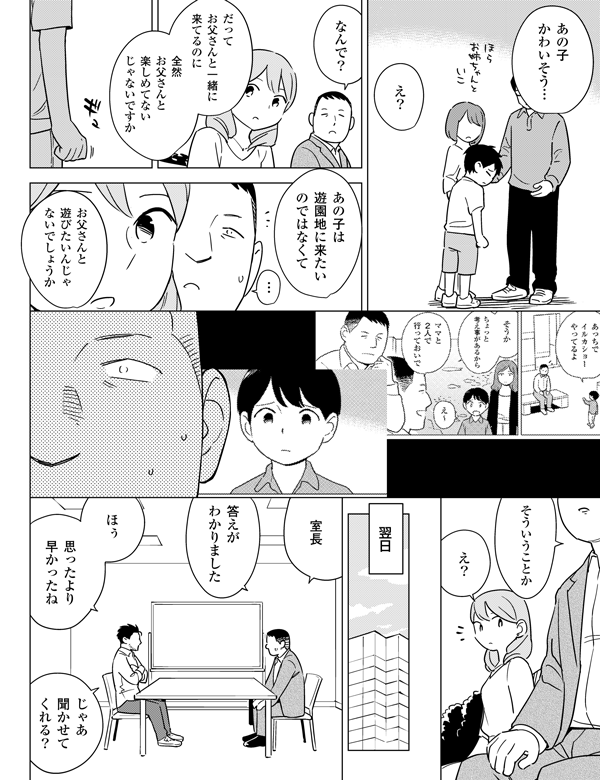 あの子かわいそう…え？なんで？だってお父さんと一緒に来てるのに全然お父さんと楽しめてないじゃないですかあの子は遊園地に来たいのではなくて…お父さんと遊びたいんじゃないでしょうかそういうことかえ？翌日室長答えがわかりましたほぅ思ったより早かったねじゃあ聞かせてくれる？