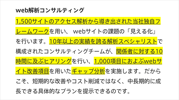 図：1,500さいとのアクセス解析から導き出された当社独自のフレームワークを用い、Webサイトの課題の「見える化」を行います。10年以上の実績を誇る解析スペシャリストで構成されたコンサルティングチームが関係者に対する10時間に及ぶヒアリングを行い、1,000項目に及ぶWebサイト改善項目を用いたギャップ分析を実施します。だからこそ短期的な改善やコスト削減ではなく中長期的に成長できる具体的なプランを提示できるのです。