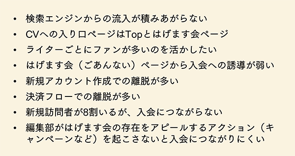 ・検索エンジンからの流入が積みあがらない
・CVへの入り口ページはTopとはげます会ページ
・ライターごとにファンが多いのを活かしたい
・はげます会（ごあんない）ページから入会への誘導が弱い
・新規アカウント作成での離脱が多い
・決済フローでの離脱が多い
・新規訪問者が8割いるが、入会につながらない
・編集部がはげます会の存在をアピールするアクション（キャンペーンなど）を起こさないと入会につながりにくい