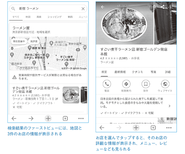 （左）検索結果のファーストビューには、地図と3件のお店の情報が表示される
（右）お店を選んでタップすると、そのお店の詳細な情報が表示され、メニュー、レビューなども見られる