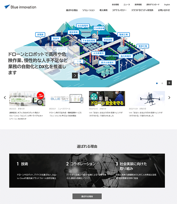 リニューアルしたブルーイノベーションのコーポレートサイト