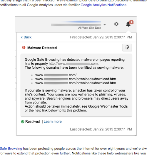 Googleアナリティクスがマルウェアのダウンロードを警告
