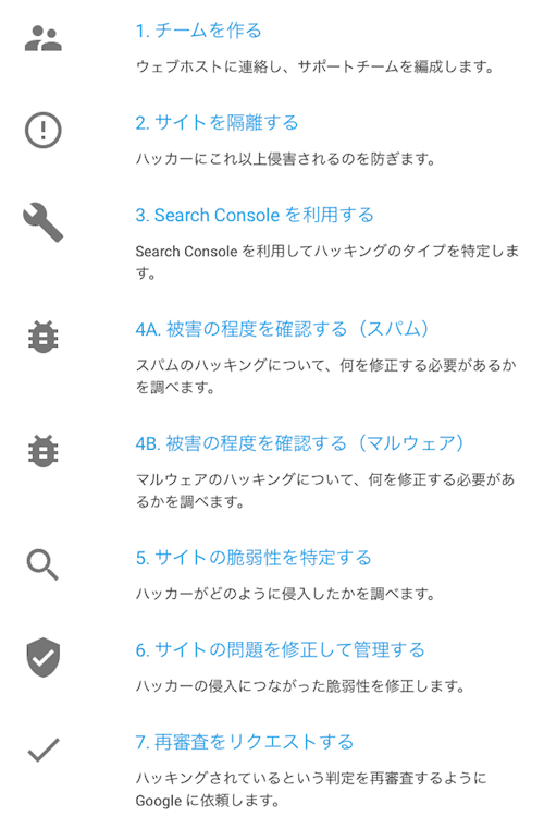 ハッキングされたときの対策プロセス：
1. チームを作る　ウェブホストに連絡し、サポートチームを編成します。
2. サイトを隔離する　ハッカーにこれ以上侵害されるのを防ぎます。
3. Search Console を利用する　Search Console を利用してハッキングのタイプを特定します。
4A. 被害の程度を確認する（スパム）　スパムのハッキングについて、何を修正する必要があるかを調べます。
4B. 被害の程度を確認する（マルウェア）　マルウェアのハッキングについて、何を修正する必要があるかを調べます。
5. サイトの脆弱性を特定する　ハッカーがどのように侵入したかを調べます。
6. サイトの問題を修正して管理する　ハッカーの侵入につながった脆弱性を修正します。
7. 再審査をリクエストする　ハッキングされているという判定を再審査するように Google に依頼します。