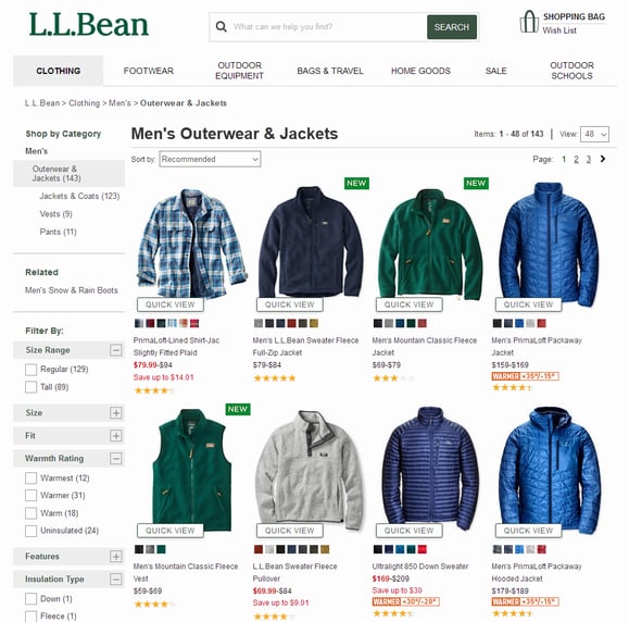 ファセットナビゲーションの例（L.L.Bean）