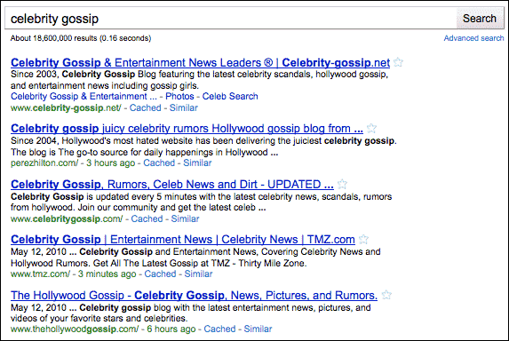 「celebrity gossip」のグーグル検索結果