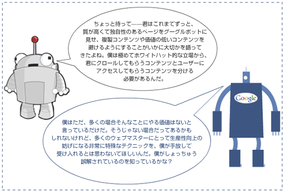 ちょっと待って――君はこれまでずっと、質が高くて独自性のあるページをグーグルボットに見せ、複製コンテンツや価値の低いコンテンツを避けるようにすることがいかに大切かを語ってきたよね。僕は極めてホワイトハット的な立場から、君にクロールしてもらうコンテンツとユーザーにアクセスしてもらうコンテンツを分ける必要があるんだ。
僕はただ、多くの場合そんなことにやる価値はないと言っているだけだ。そうじゃない場合だってあるかもしれないけれど、多くのウェブマスターにとって生産性向上の妨げになる非常に特殊なテクニックを、僕が手放しで受け入れるとは思わないでほしいんだ。僕がしょっちゅう誤解されているのを知っているかな？