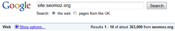 Google.co.ukで「site:seomoz.org」を検索