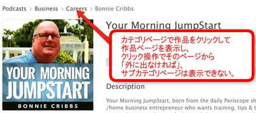 カテゴリページで作品をクリックして作品ページを表示し、クリック操作でそのページから「外に出なければ」、サブカテゴリページは表示できない。