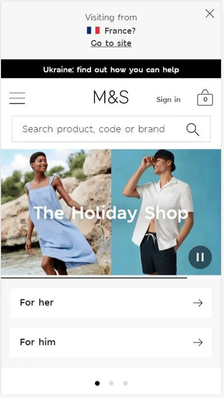 marksandspencer.comで使われている、邪魔にならないジオベースのバナーの例