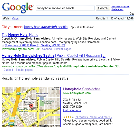 キャプチャ：google検索結果honey hole sandwhich seattle