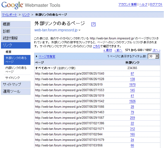 GoogleウェブマスターツールによるWeb担当者Forumのリンクデータ