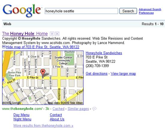 キャプチャ：google検索結果honeyhole seattle
