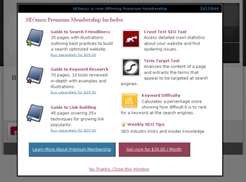 SEOmoz's Premium Overlay Ad