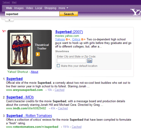 Purple Yahoo!で「Superbad」を検索したときのページ